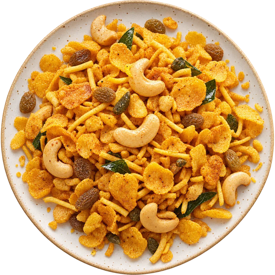 Kaju Cornflakes heaped on a white plate