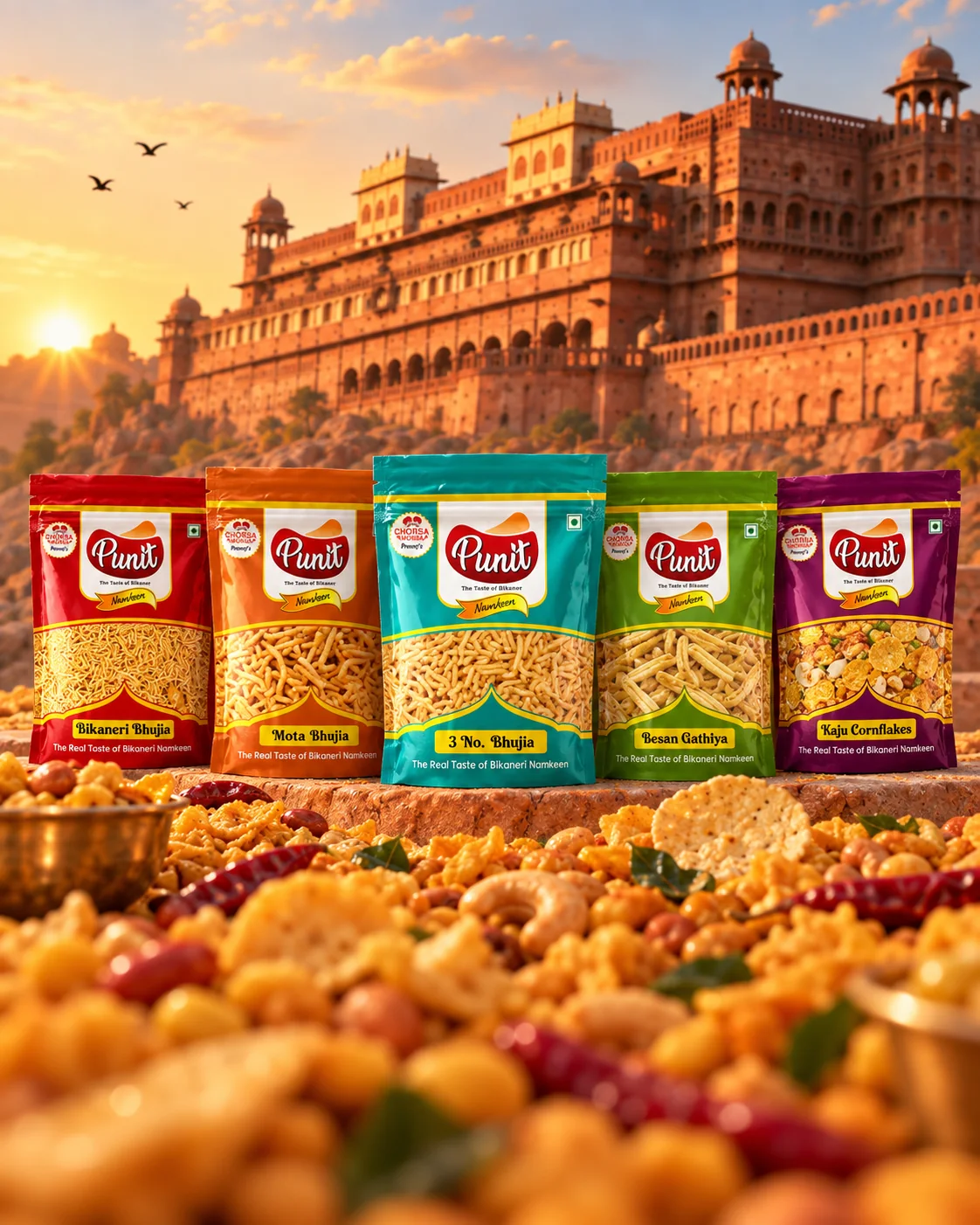 Chorsa Morsa packets lined up on a sandstone ledge below Junagarh Fort in Bikaner, with namkeen heaped in front
