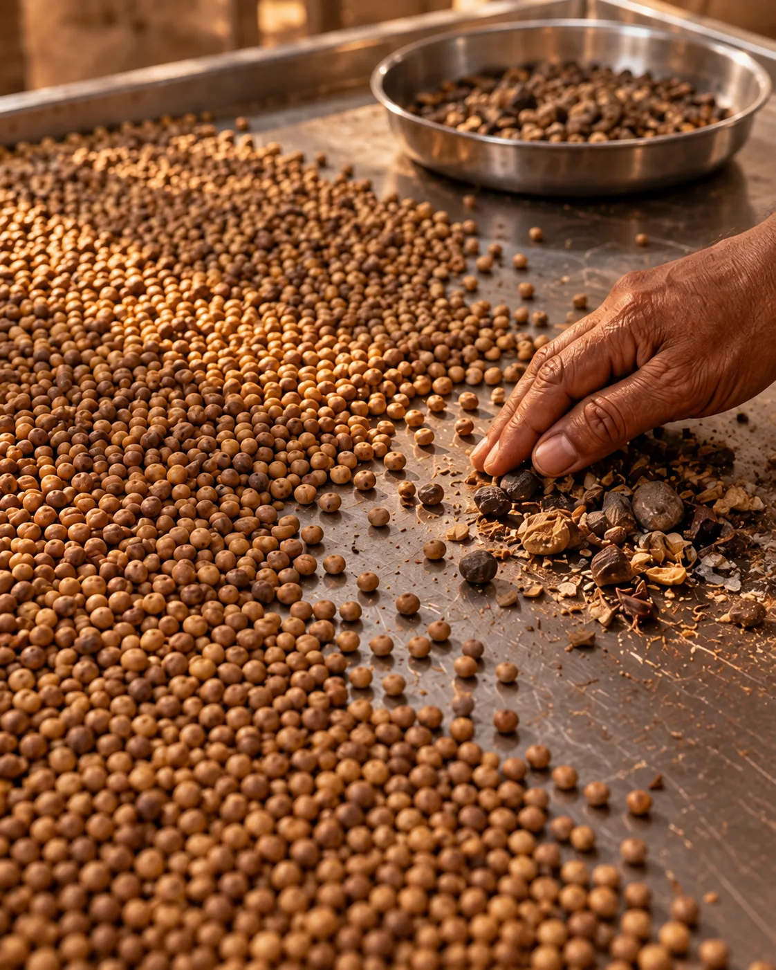 Whole moth bean spread thin on a steel table and picked over by hand