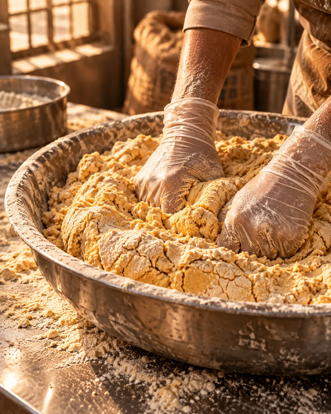 Stiff yellow bhujia dough worked by gloved hands in a wide steel parat