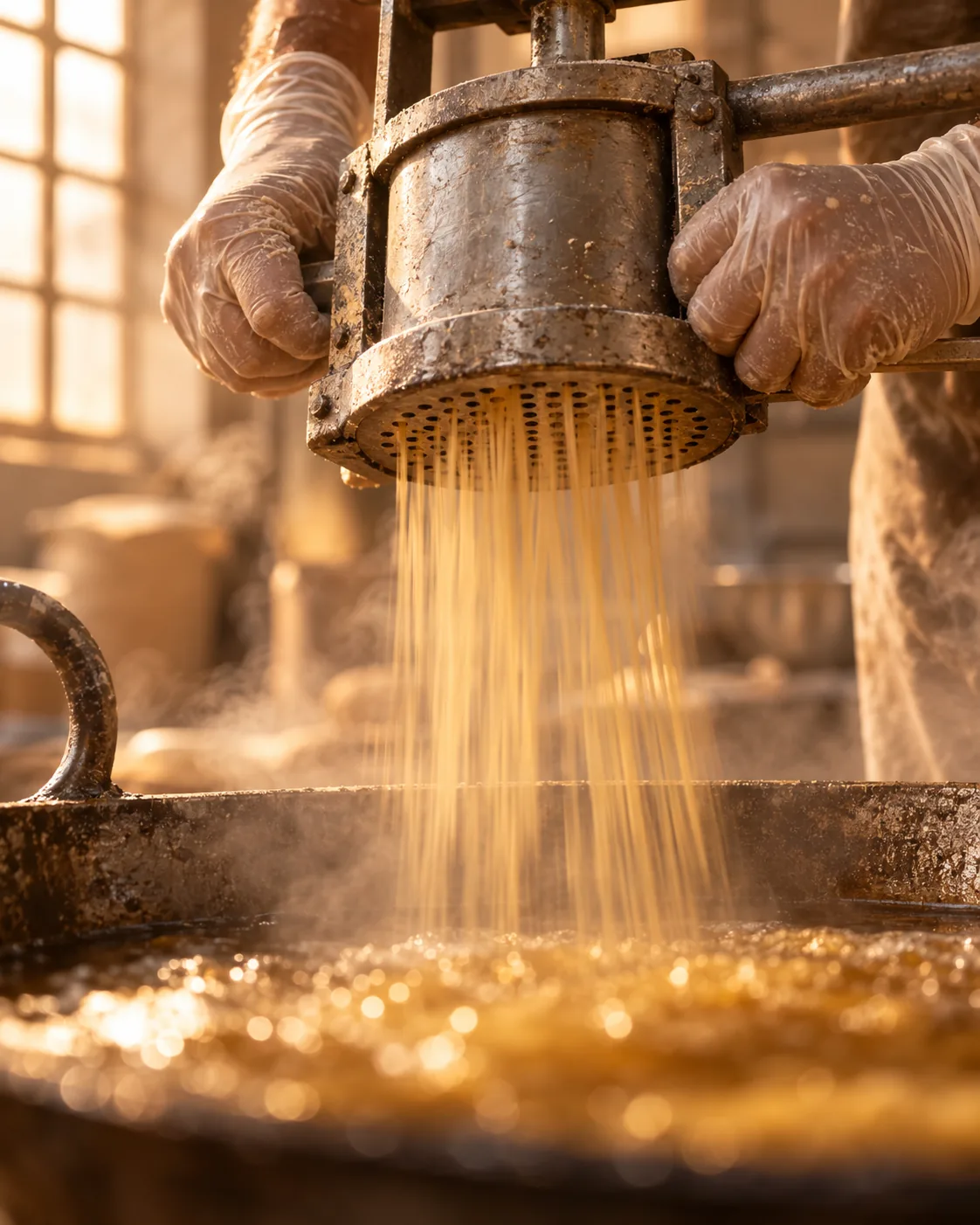 Dough pressed through a perforated plate above the kadhai, strands forming in the air