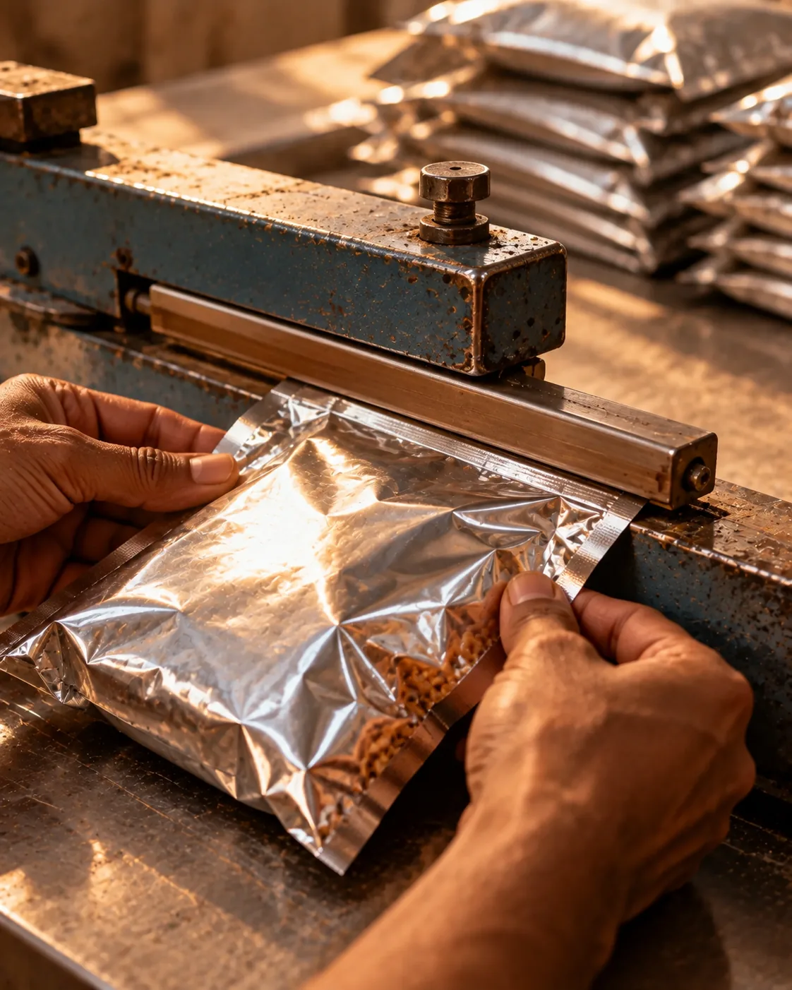 A filled pouch passing through the heat sealer before it is coded