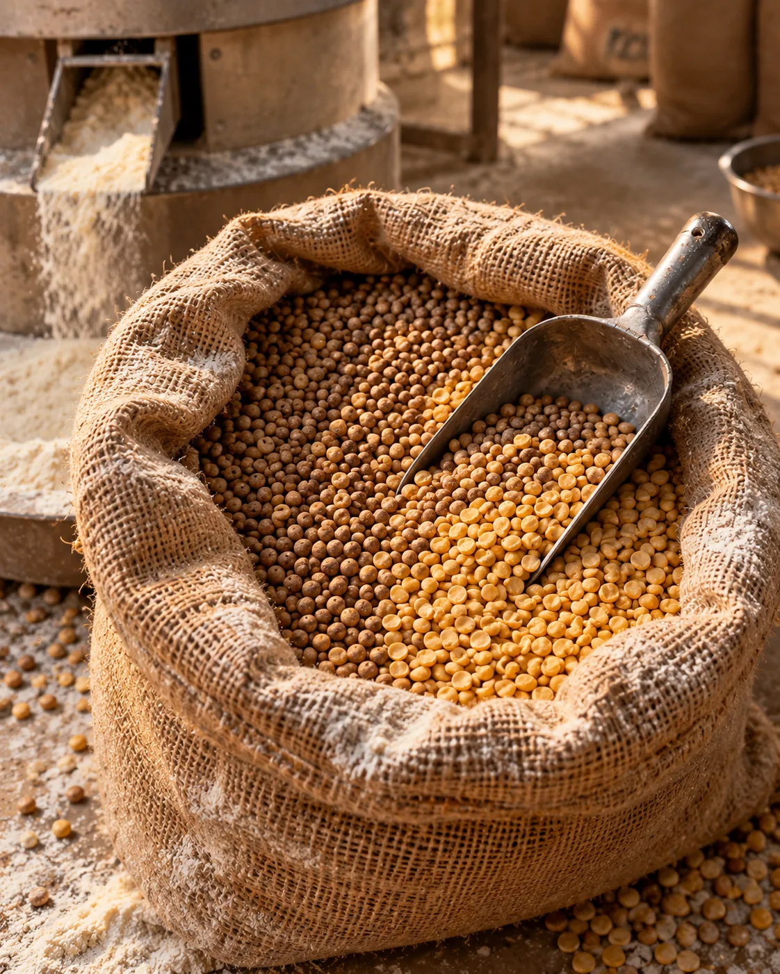 Whole dew beans in an open sack with a steel scoop, dusted with flour